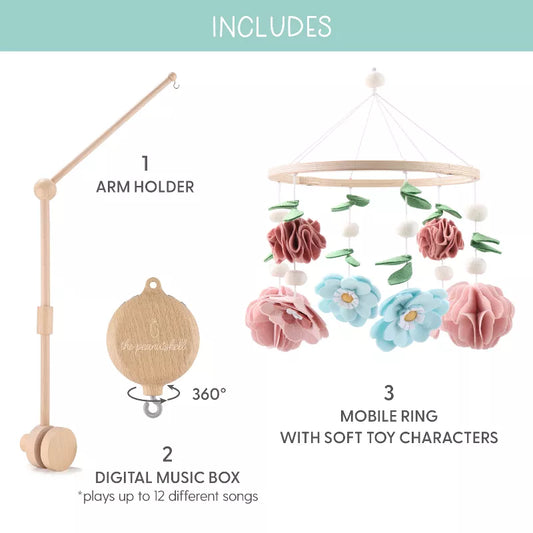Baby crib mobile components: arm holder, digital music box, and mobile ring with soft toy characters