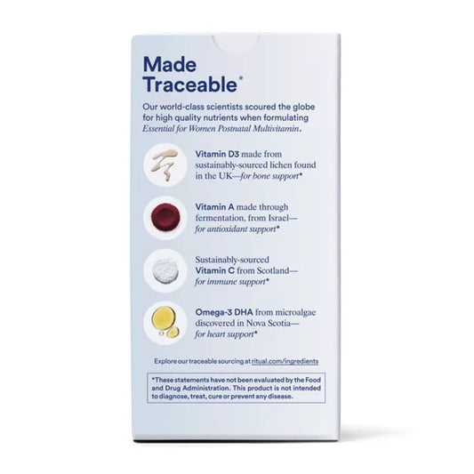 Ritual Postnatal Multivitamin with Vegan Omega-3 DHA, Choline, and Vitamins A, C, D3 and Zinc Vegan Capsules - Mint Essenced - 60ct