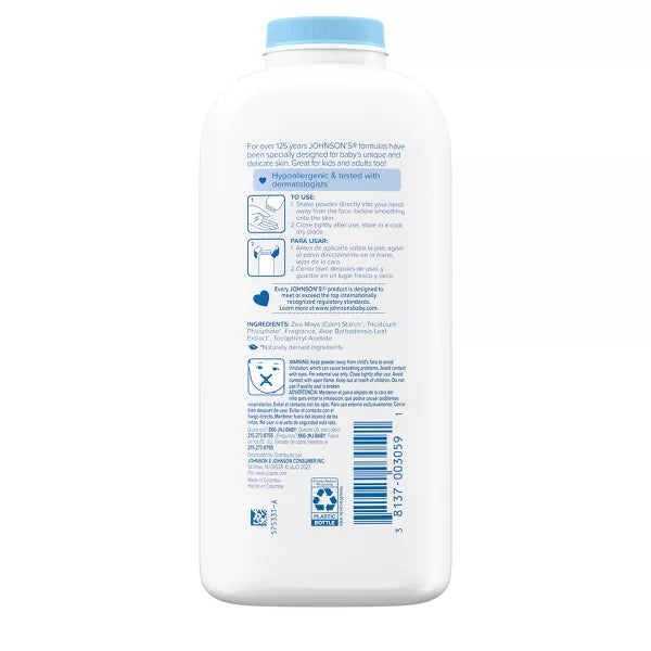 Johnson's Naturally Derived Cornstarch Baby Powder, Aloe & Vitamin E for Delicate Skin - 22oz