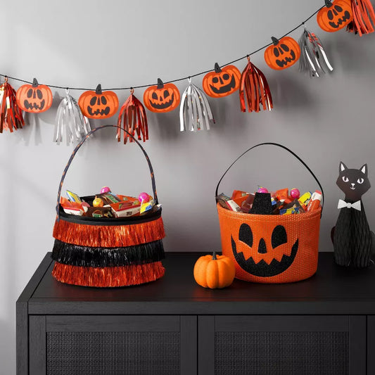 7.5" Halloween Trick or Treat Fabric Basket Orange/Tinsel Black - Hyde and EEK! Boutique