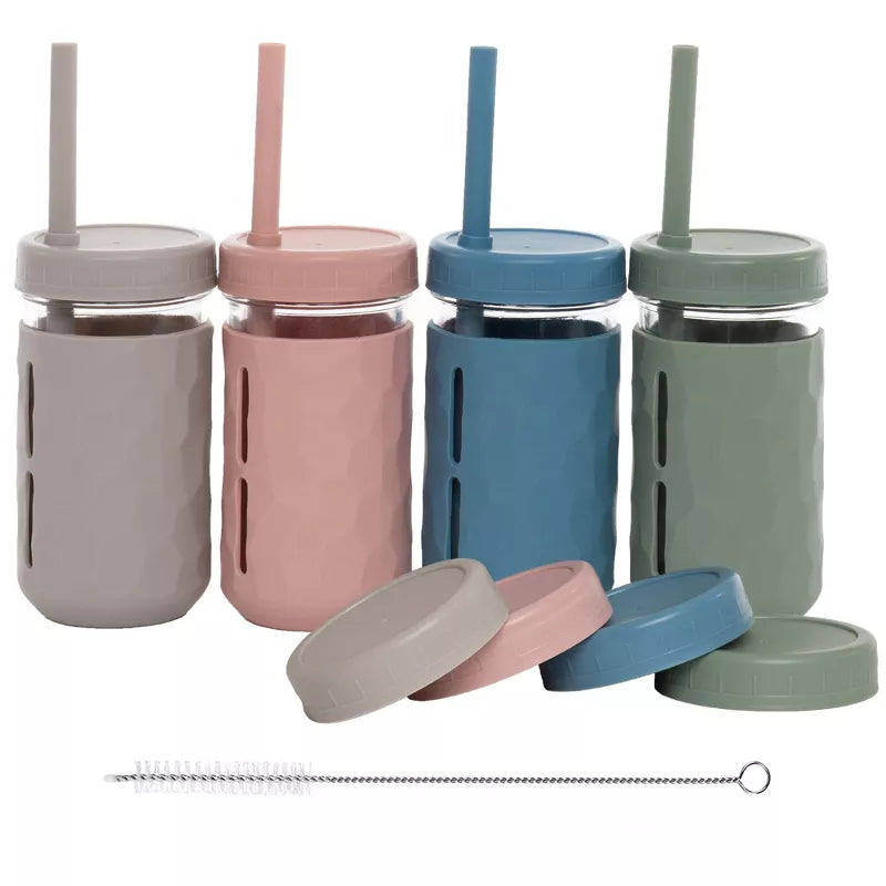 WeeSprout Glass Cups with Lids & Straws, Spill-Resistant Cups for Toddlers & Kids, Set of 4 - 8 Oz