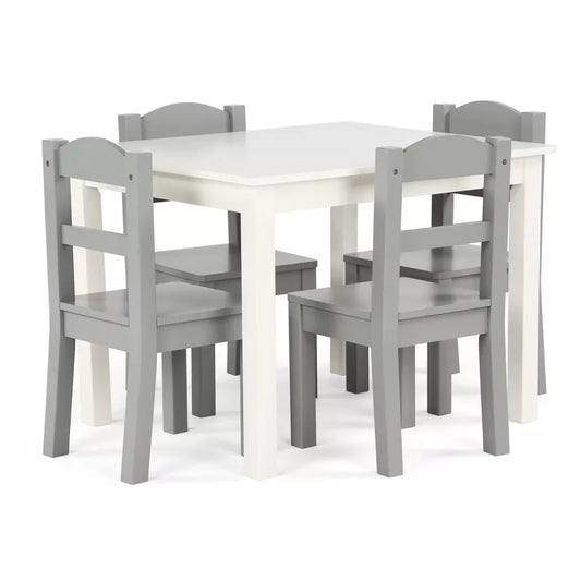 A white table and four grey chairs, forming a complete children's furniture set.