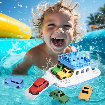 Fun Little Toys 5Pcs Toy Boat Bath Set, Bath Toys for Toddlers with 4 Mini Cars, Summer & Birthday Gifts for Boys