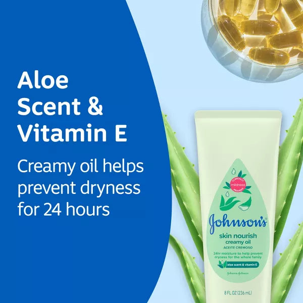 Johnson's Baby Creamy Body Oil with Aloe & Vitamin E for Delicate Skin, Hypoallergenic - 8 fl oz
