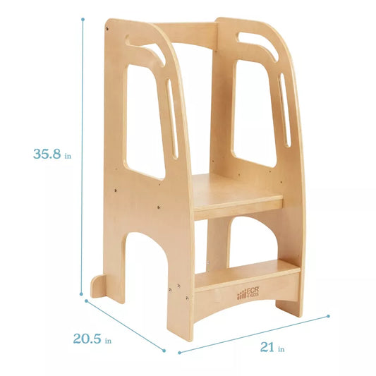 A wooden kitchen helper tower or learning stool with indicated dimensions