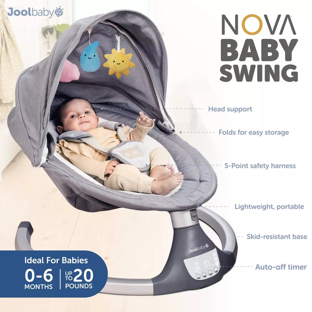 Image displaying a baby in a baby bouncer swing with text