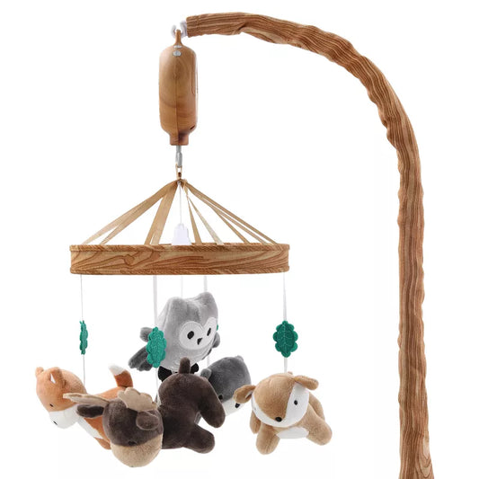 A baby crib mobile with woodland animal plush toys hanging from a wood-textured frame