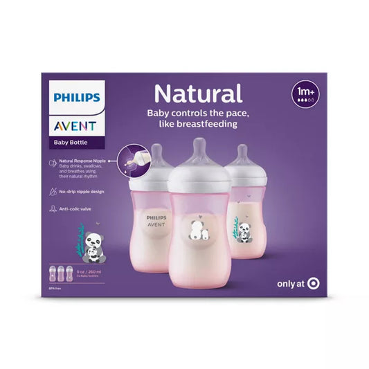 Philips Avent Natural Baby Bottle with Natural Response Nipple - Pink Panda Design - 9oz/3ct