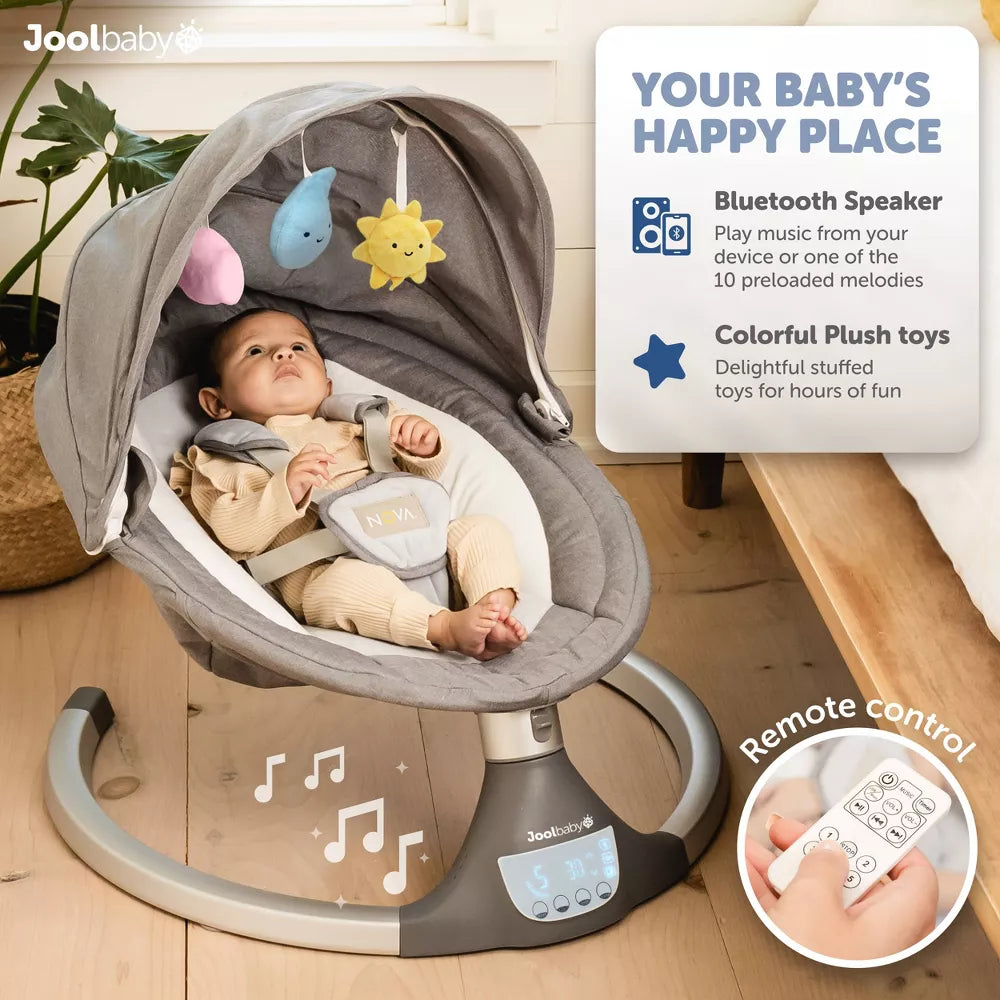 Image displaying a baby in a baby bouncer swing with text