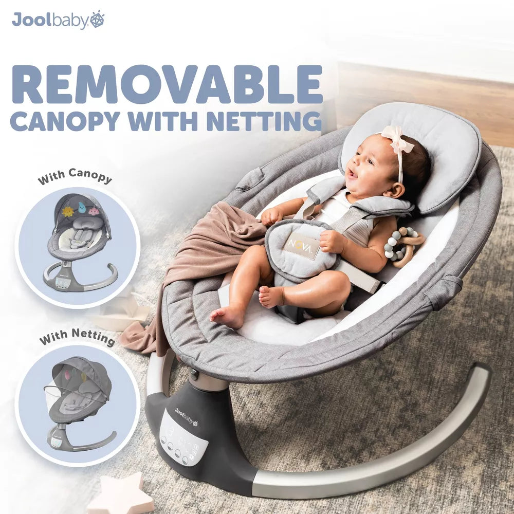 Image displaying a baby in a baby bouncer swing with text