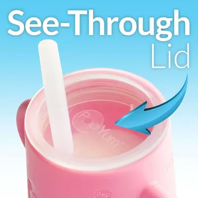 PopYum Silicone Training Cup with Straw Lid, 2-Pack for Baby, Infant and Toddler, Tumbler, Sippy, handles, 5 ounce (blue, green)