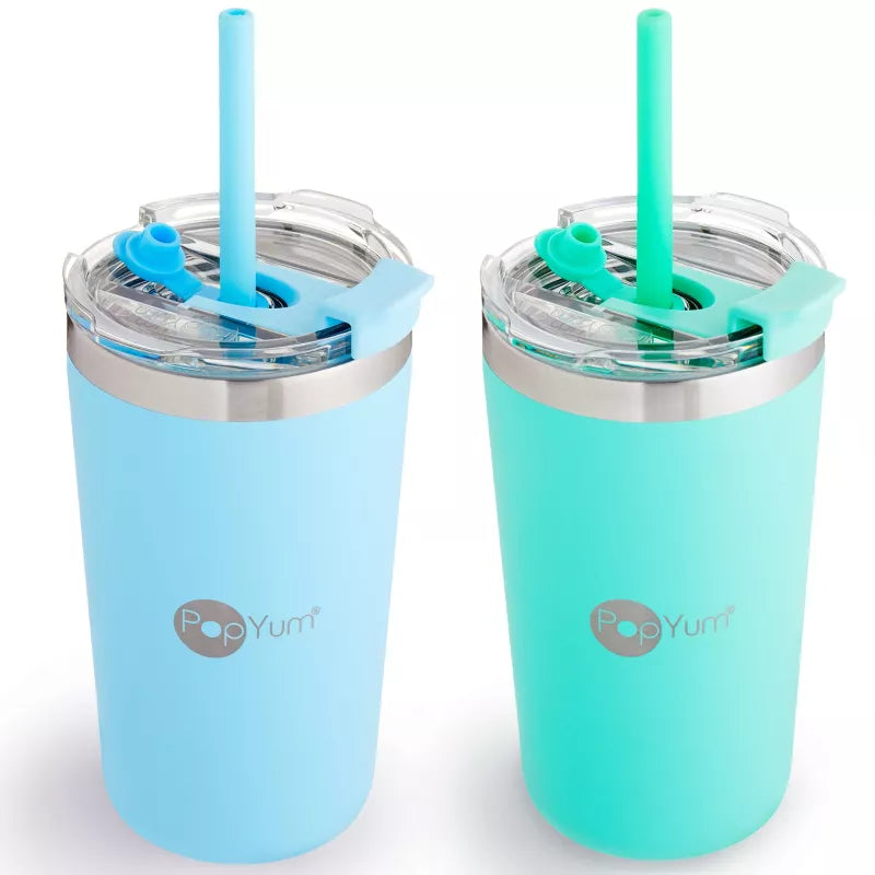 PopYum 13oz Insulated Stainless Steel Kids’ Cups with Lid and Straw, 2-Pack, Blue & Green, stackable, sippy, baby, child, toddler, tumbler