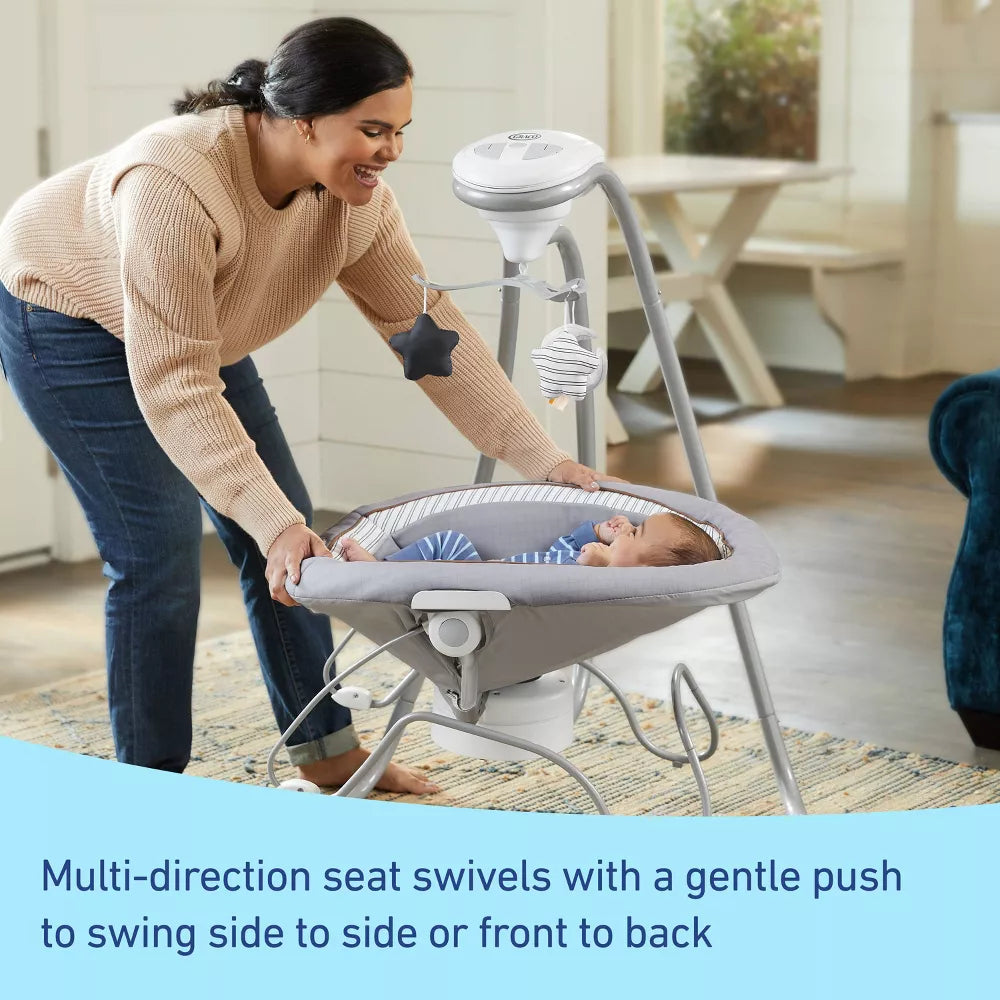 Image displaying a baby in a baby bouncer and swing with text below