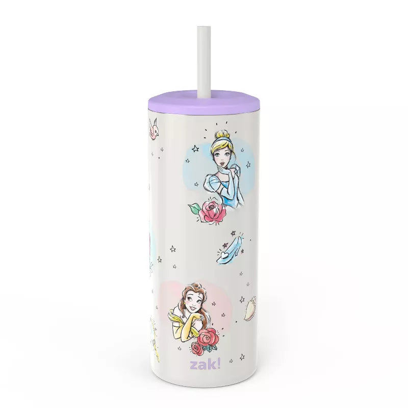 Zak Designs Vacuum Straw Portable Drinkware 'Princess' - Kids Tumbler, Disney Princess, Stainless Steel,16oz