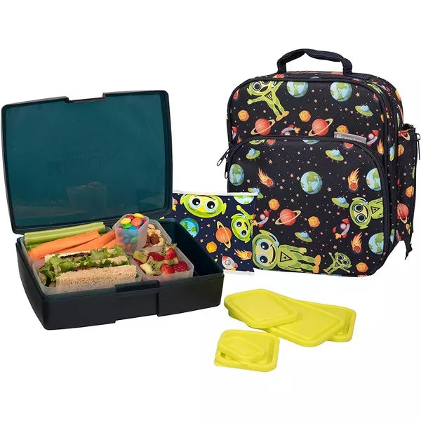 Bentology Lunch Bag and Box Set for Boys, 9 Pieces Total - Insulated Lunchbox Tote, Bento Box, 5 Containers and Ice Pack - Alien - Perfect for Kids