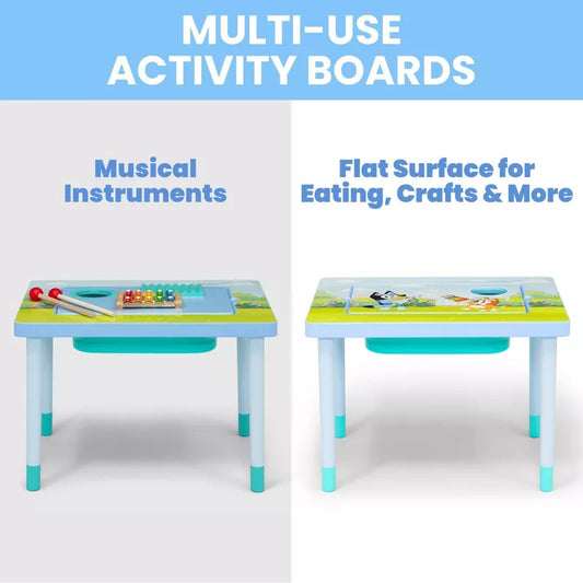 A multi-use activity table for children with interchangeable boards for musical instruments and a flat surface