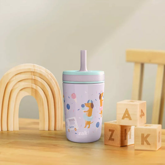 12oz Vacuum Kelso Portable Tumbler 'Ice Cream Dog' - Zak Designs: Stainless Steel Kids Straw Cup, Dishwasher-Safe