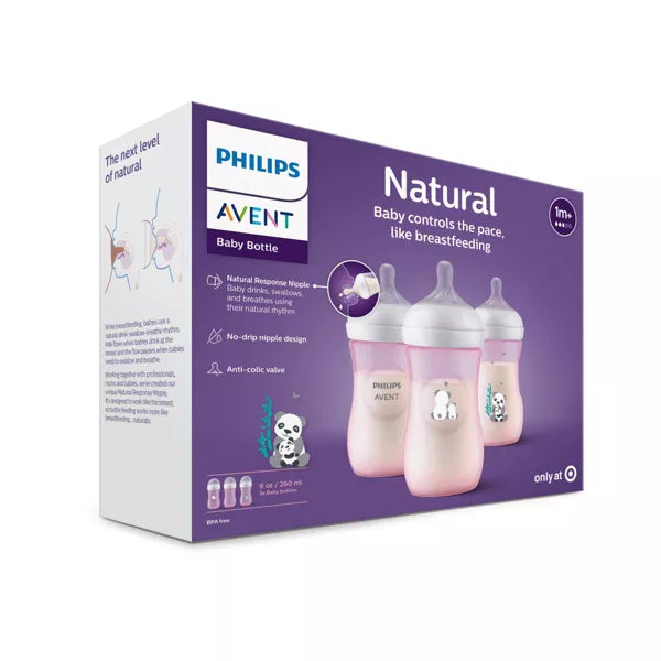 Philips Avent Natural Baby Bottle with Natural Response Nipple - Pink Panda Design - 9oz/3ct