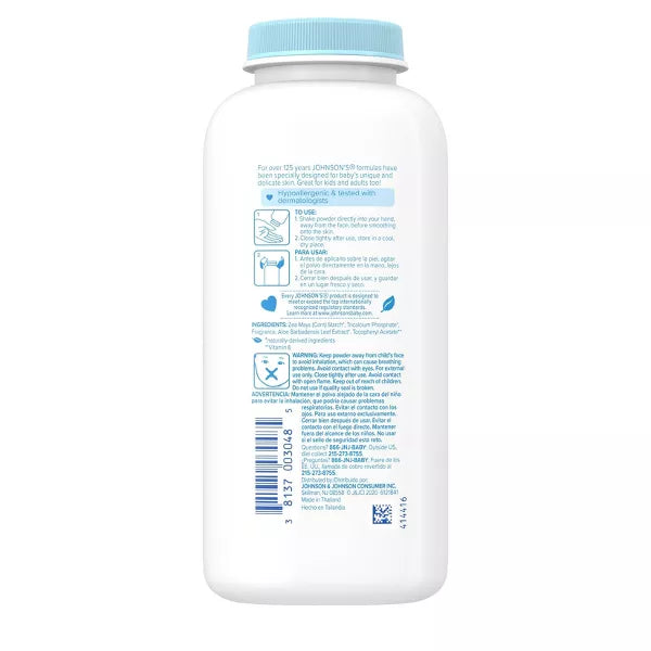 Johnson's Naturally Derived Cornstarch Baby Powder, Aloe & Vitamin E, Hypoallergenic - 9oz