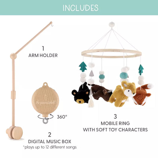A wooden crib mobile featuring an arm holder, digital music box, and mobile ring with soft toy animals