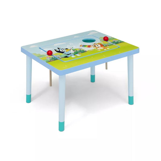 A colorful children's activity table with cartoon characters and sensory elements, viewed from an elevated angle