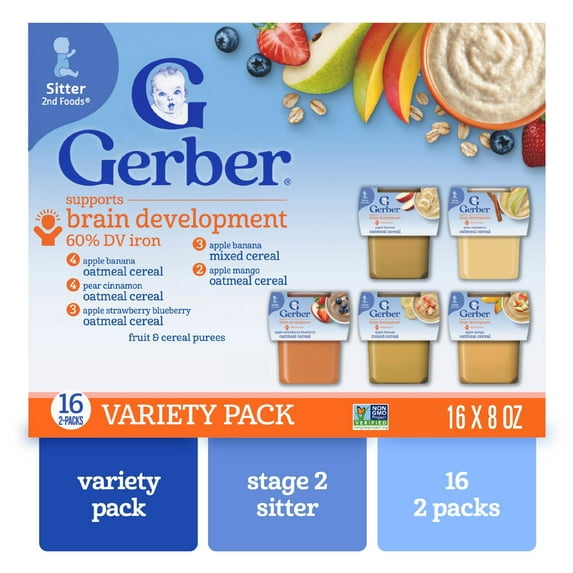 Gerber Stage 2 Baby Food, Fruit Cereal Variety Pack, 4 oz Tubs (32 Pack)