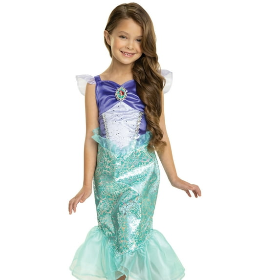 Girls green mermaid costume dress with tail design – magical under-the-sea Halloween outfit.