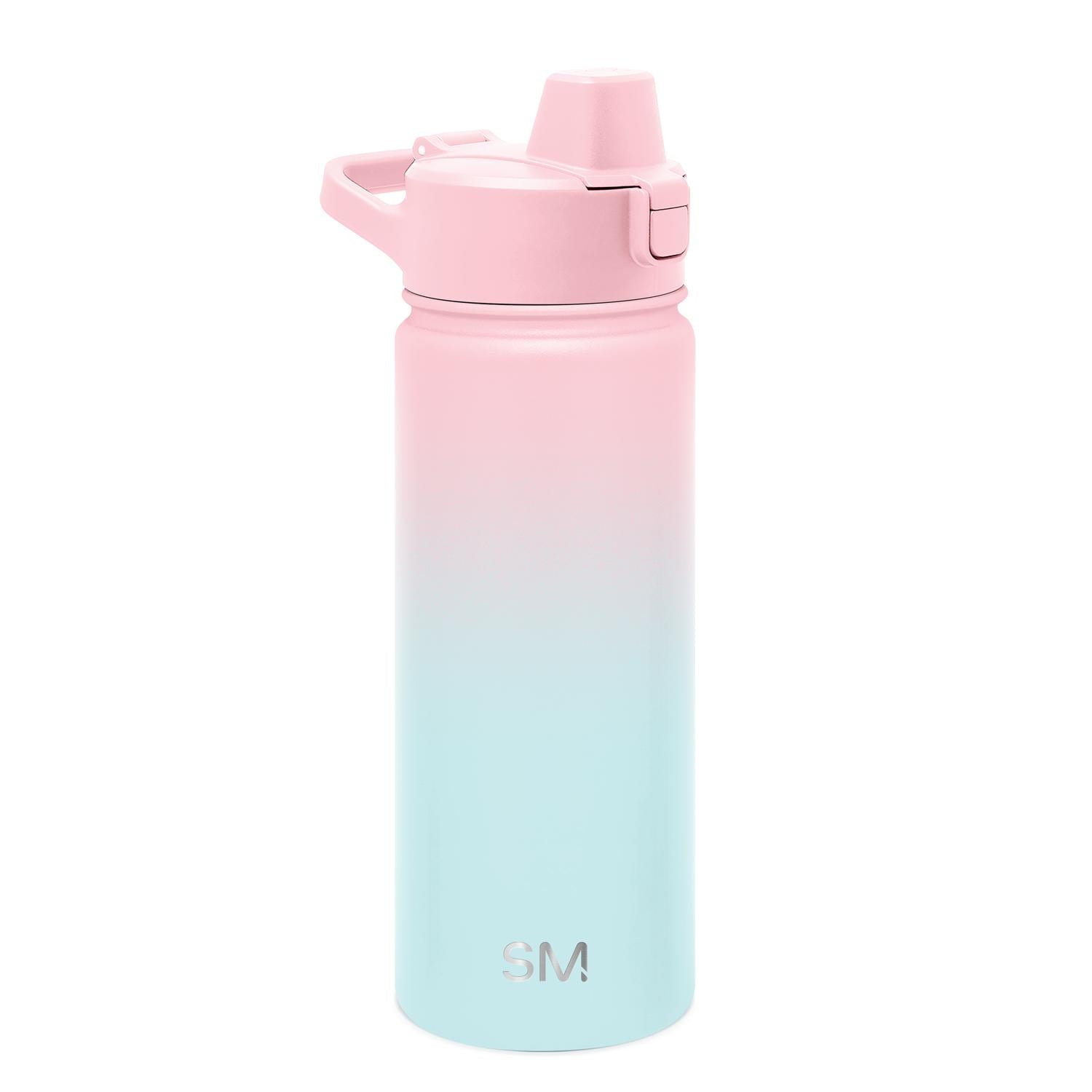 Gradient pink to blue water bottle with logo on a white background