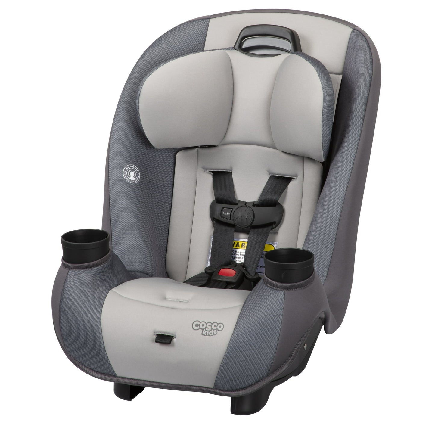 Gray and white car seat with cup holders on a white background