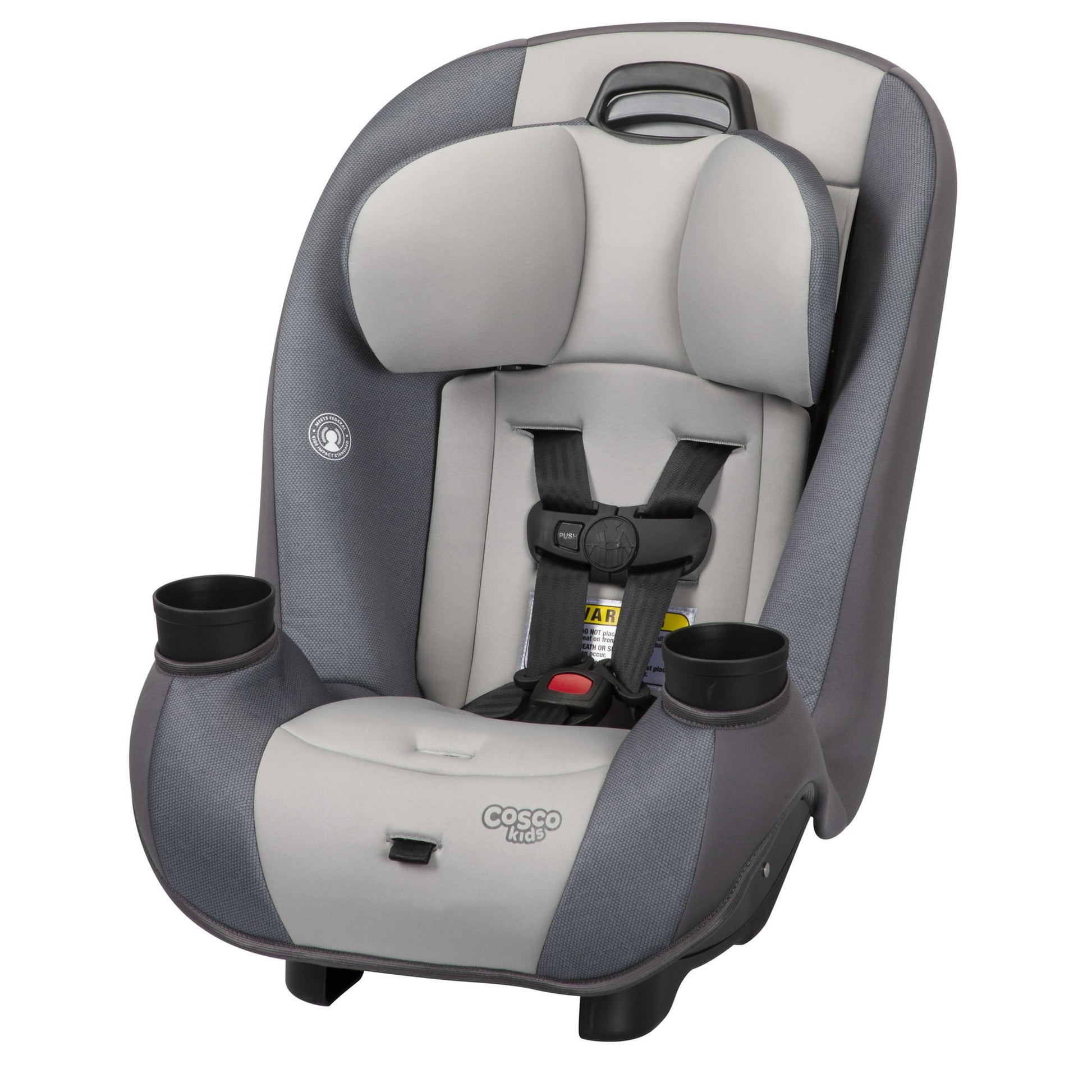 Gray and white car seat with cup holders on a white background