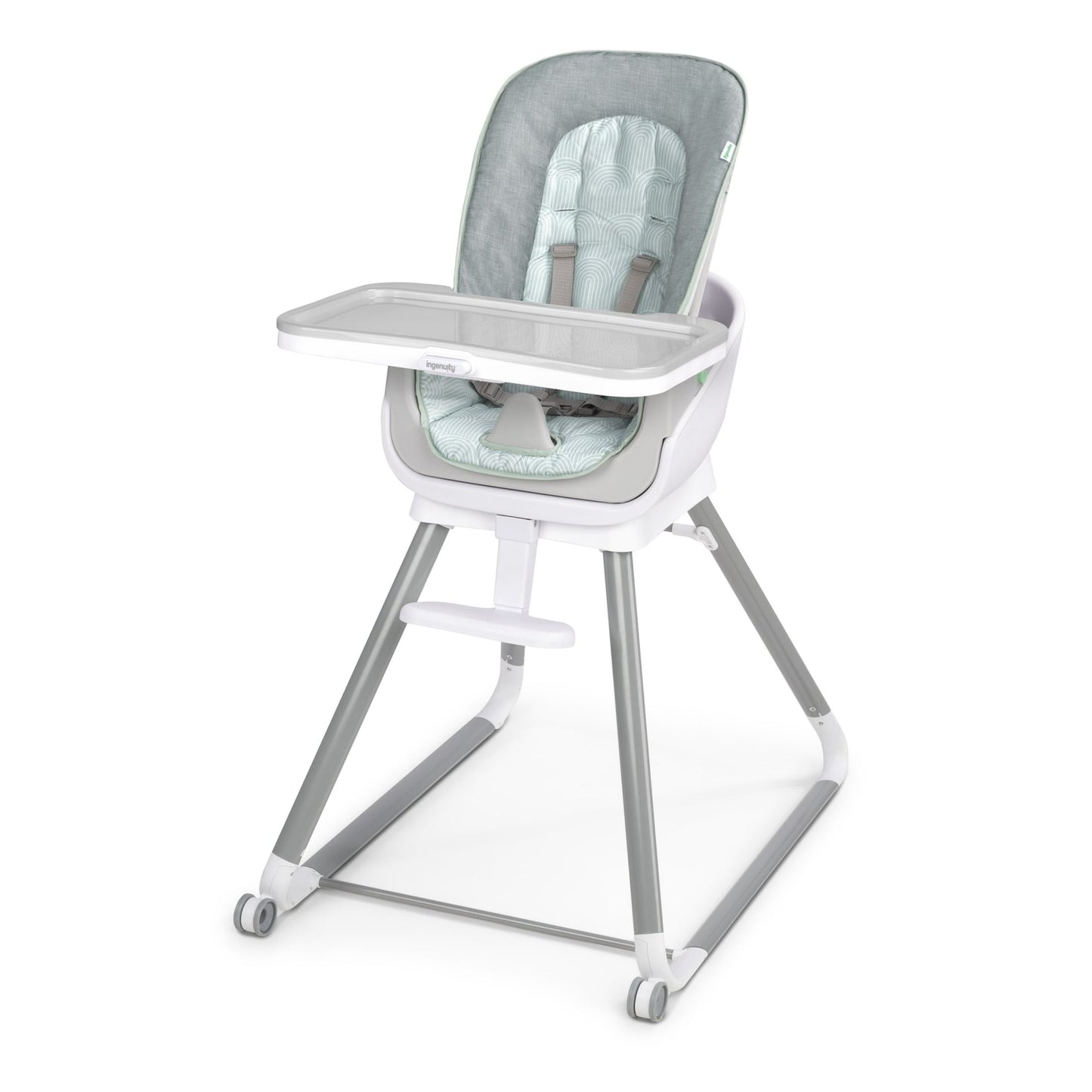 Gray and white high chair on a white background