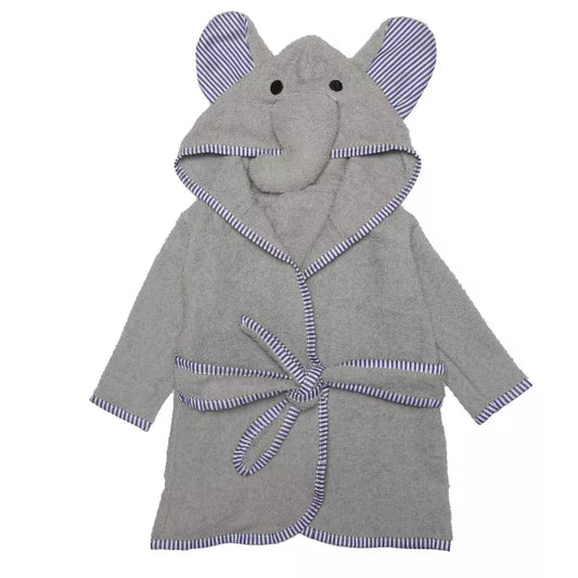 Gray elephant shaped robe with striped ears on a white background