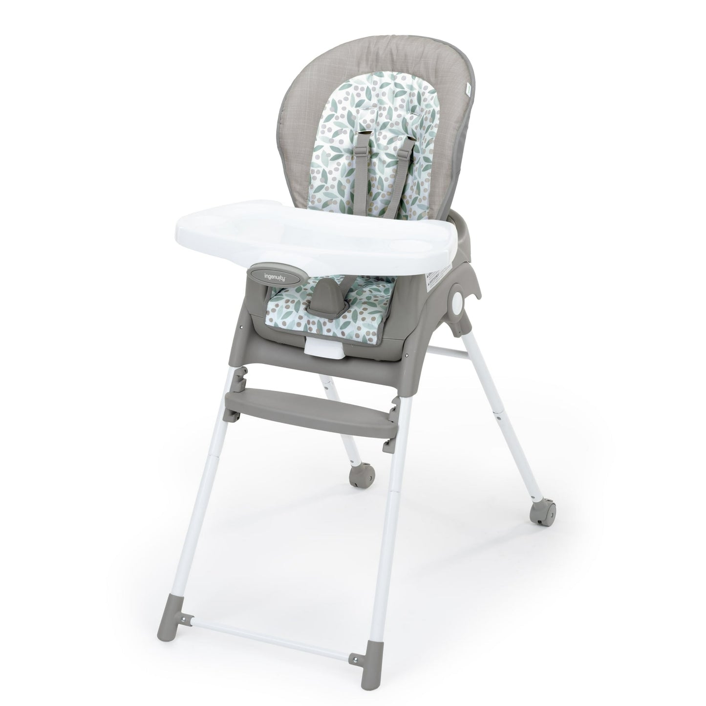 Gray high chair with floral patterned seat on a white background