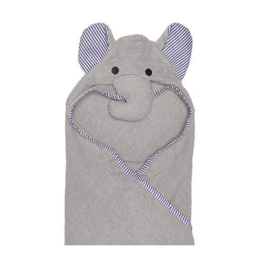 Gray hooded towel with elephant ears and face on a white background