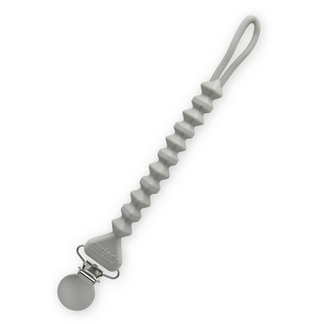 Gray pacifier clip with a textured handle on a white background