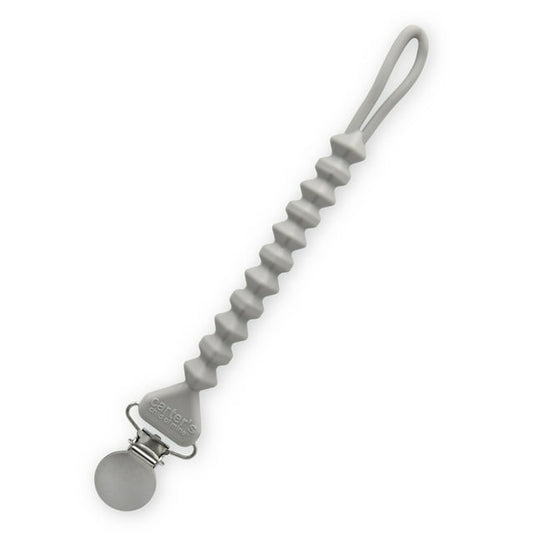 Gray pacifier clip with a textured handle on a white background