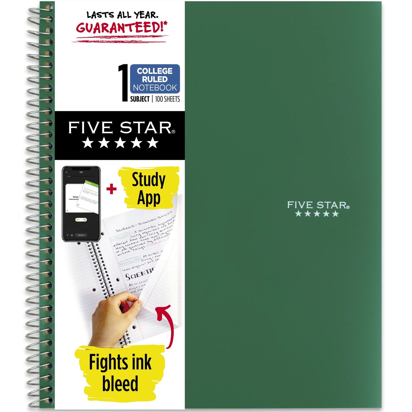 Five Star 1 Subject College Ruled Notebook Plus Study App, 8.5" x 11" , Black, Poly, Spiral, 100 Sheets