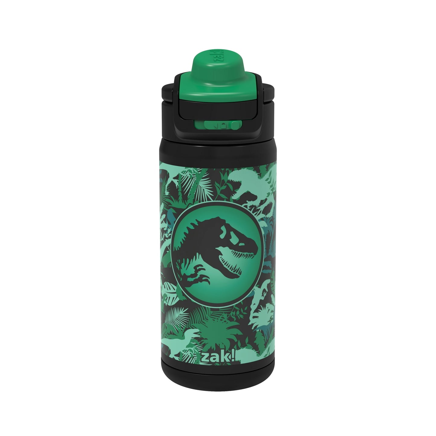 Green and black water bottle with dinosaur design on a white background