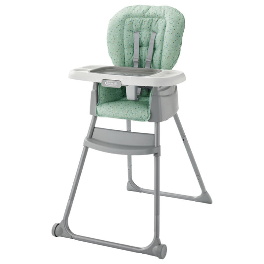 Green and gray high chair on a white background