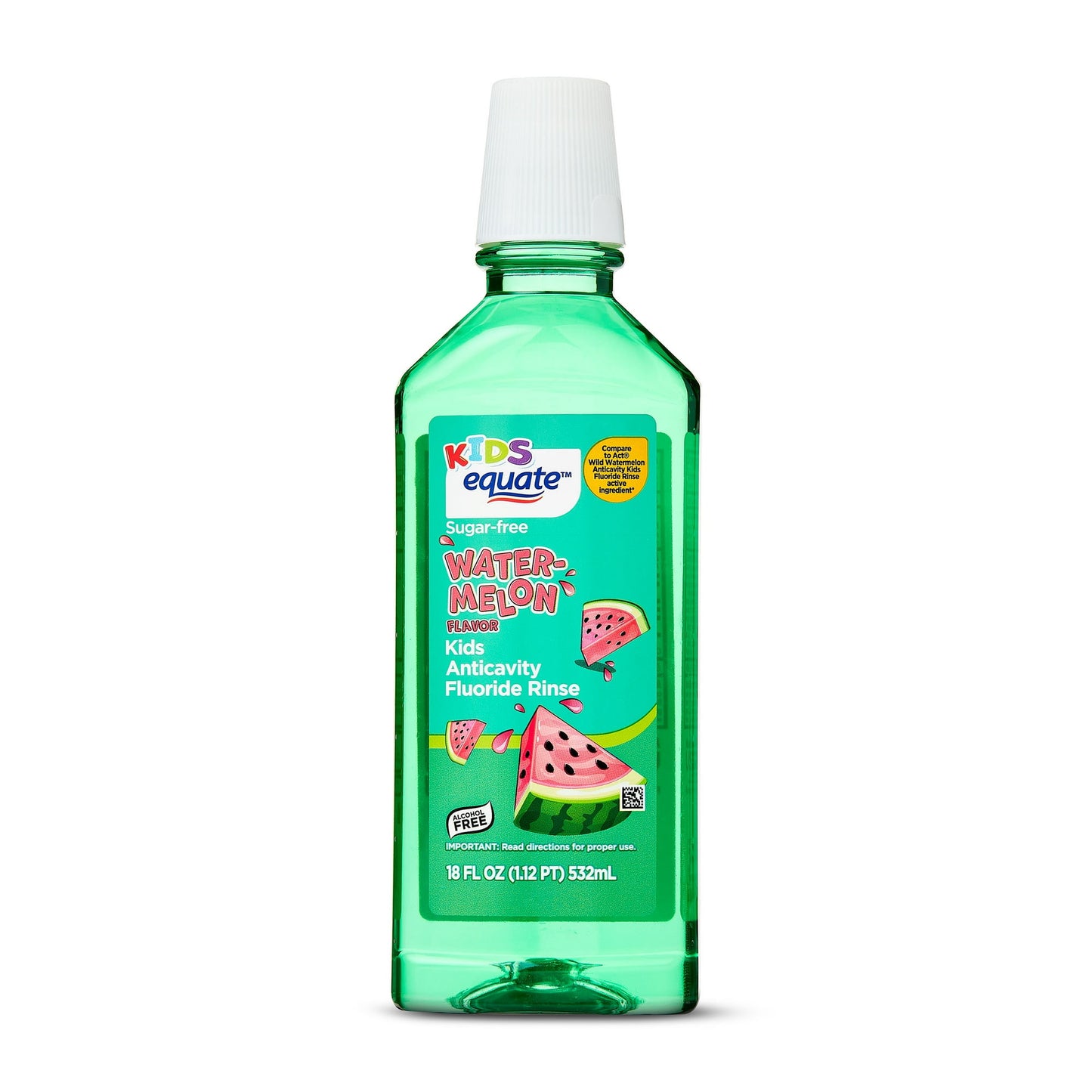 Green bottle of Kids watermelon-flavored fluoride rinse on a white background