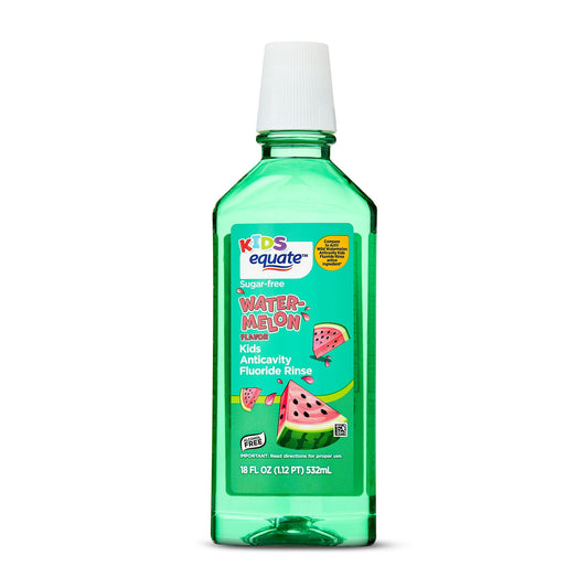 Green bottle of Kids watermelon-flavored fluoride rinse on a white background