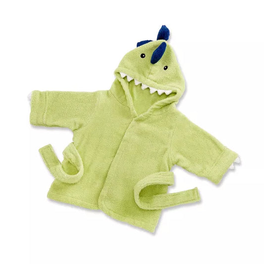 Green dinosaur-themed children's robe on a white background