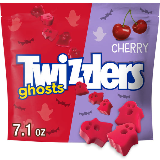 Halloween-themed candy package with red ghosts and cherry flavor text.