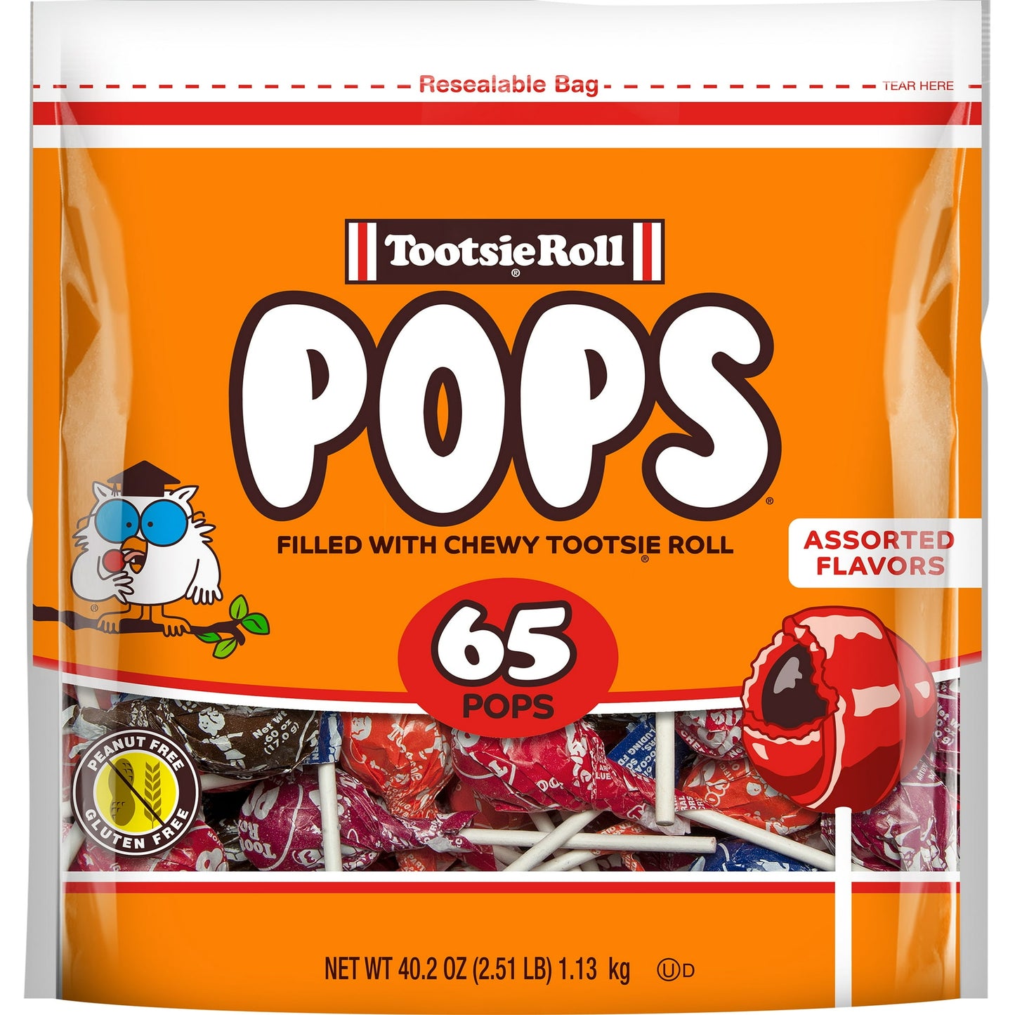 Halloween Candy Packaging of Tootsie Roll Pops with orange background and product images.