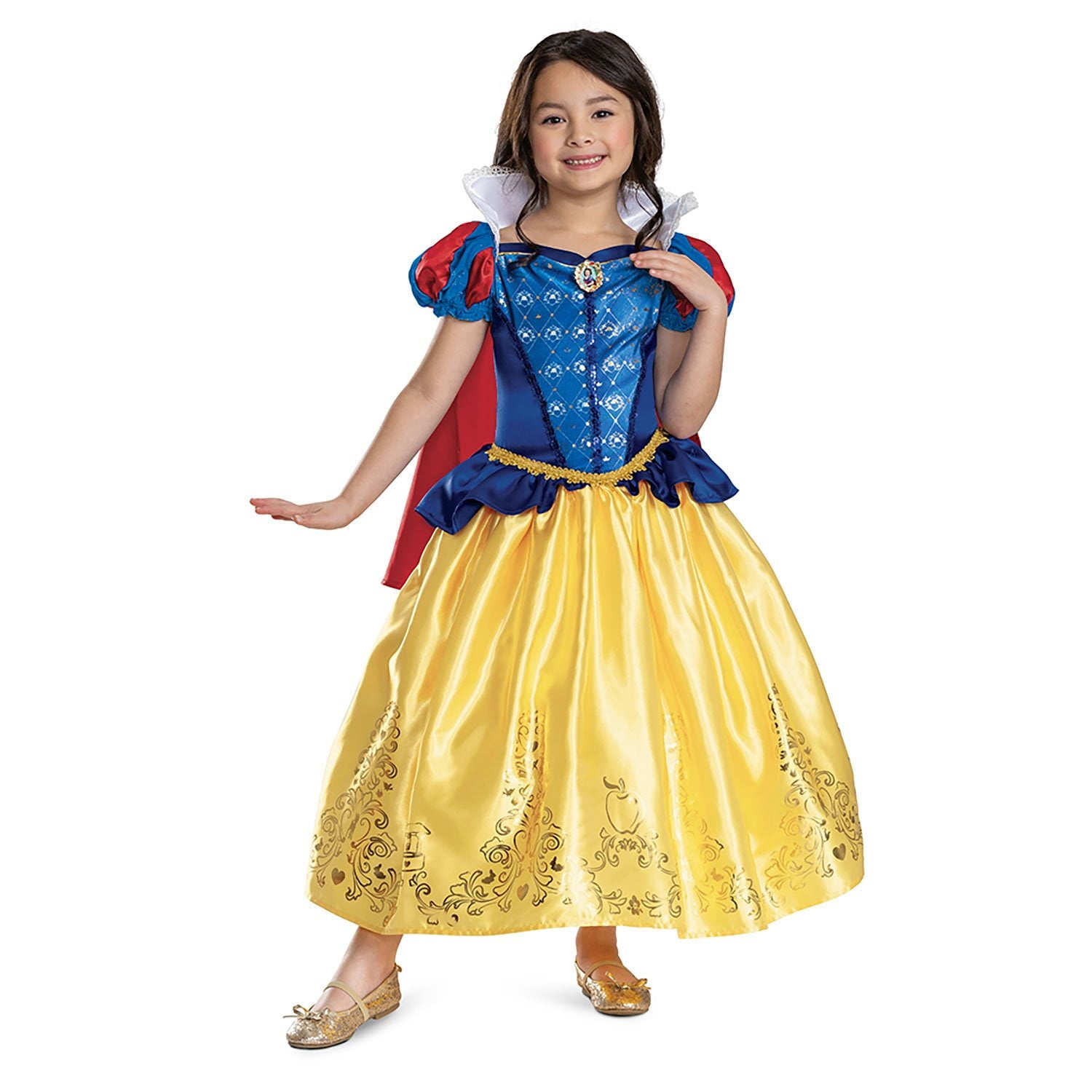 Halloween Child wearing a Snow White costume on a white background