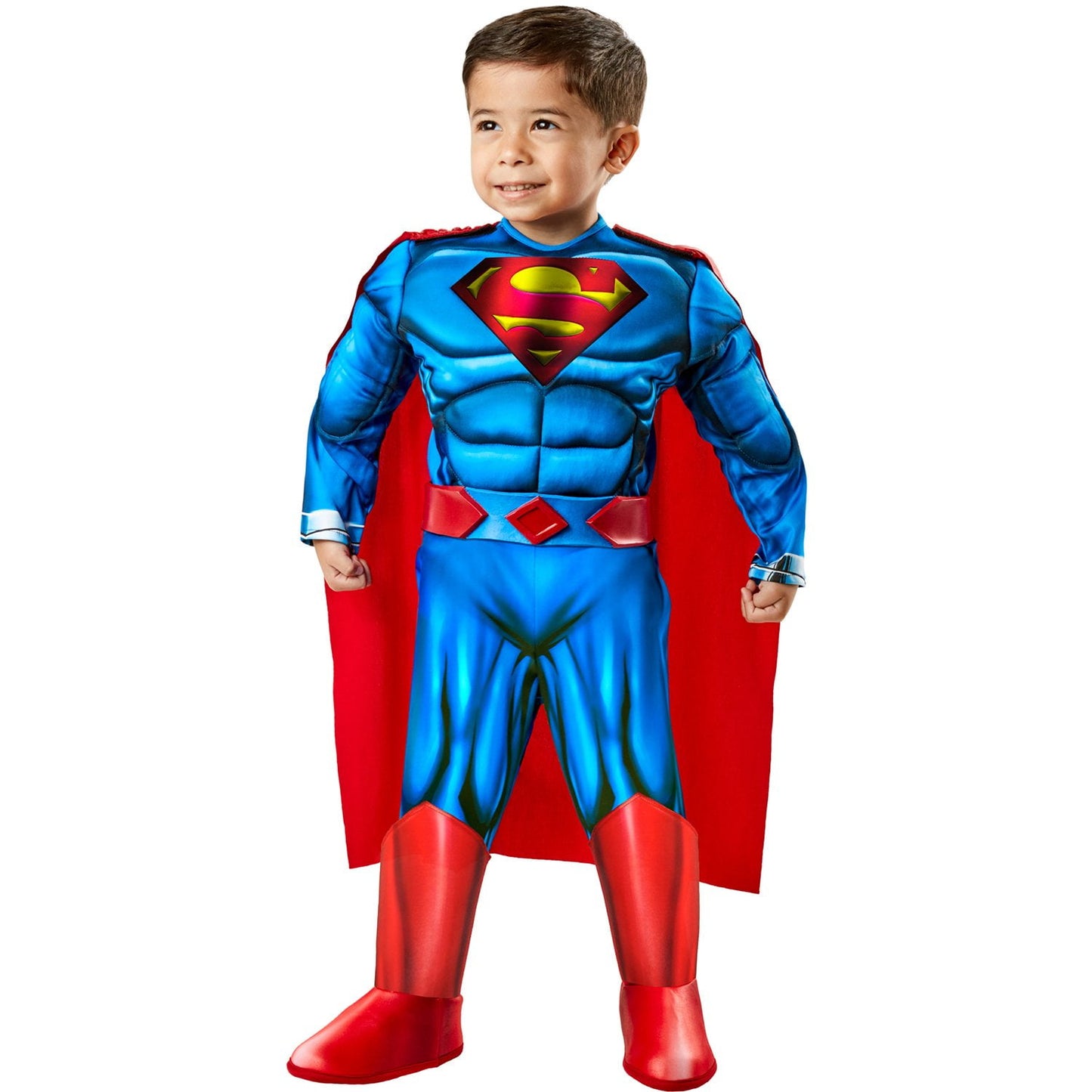 Halloween Child wearing a Superman costume with a red cape on a white background