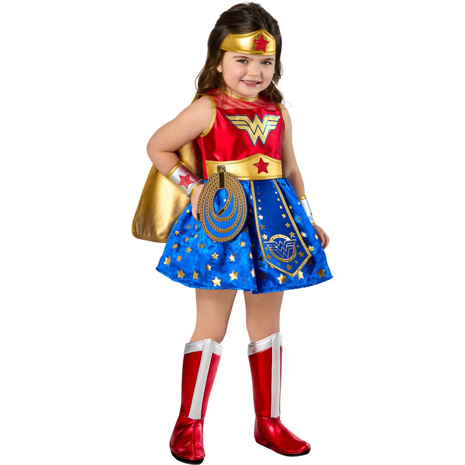 Halloween Child wearing a Wonder Woman costume on a white background