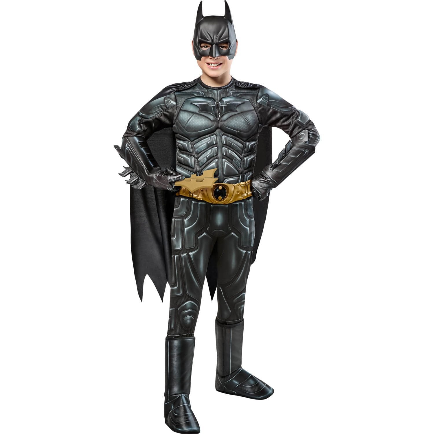 Halloween Child wearing a detailed Batman costume on a white background