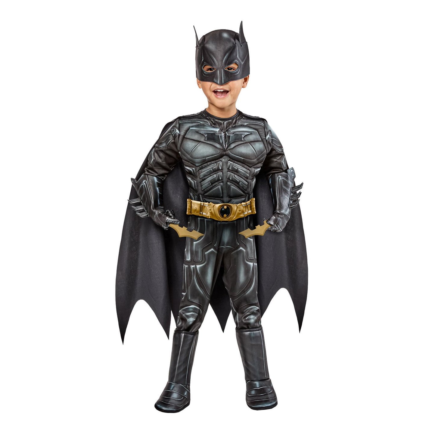 Halloween Child wearing a detailed Batman costume on a white background
