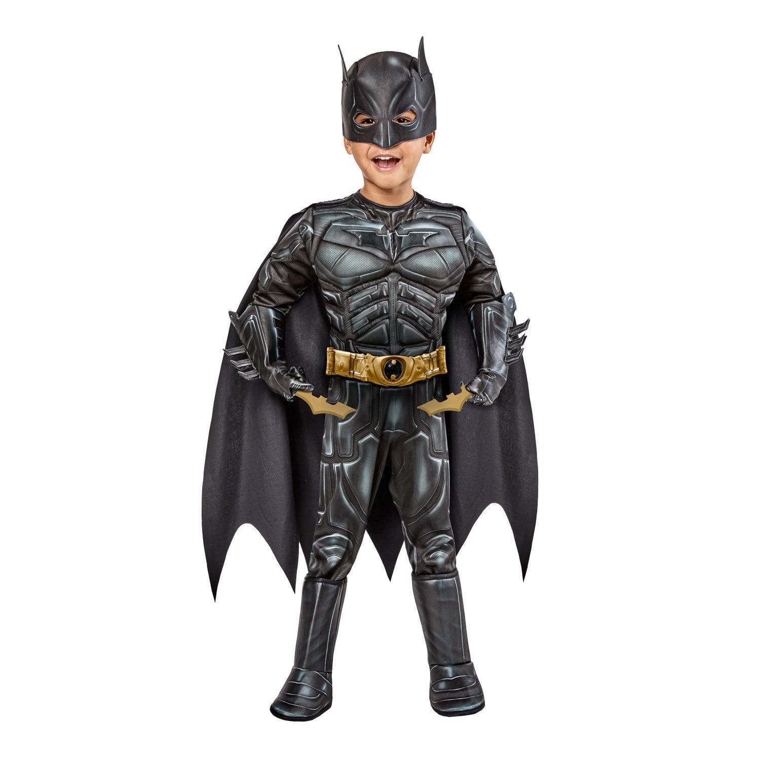 Halloween Child wearing a detailed Batman costume on a white background